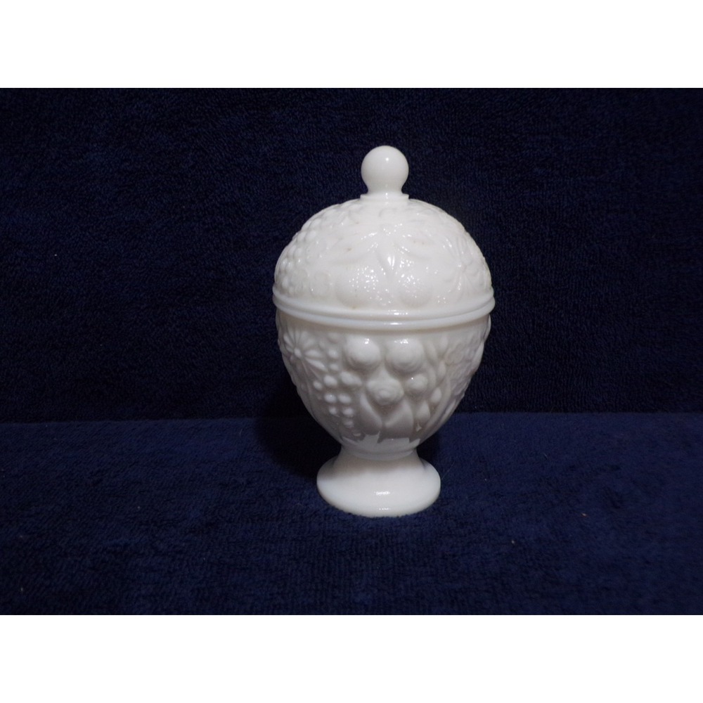 Vintage Avon 1960's Covered White Milk Glass Candy Dish Fruit Pattern 6.5" Tall